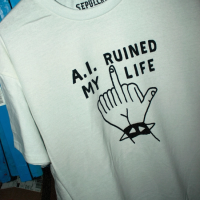 T-shirt branca com desenho e texto preto