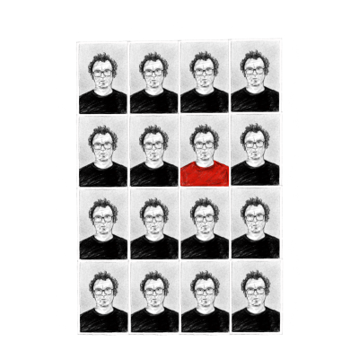 Folha com 15 fotos tipo passe de um homem, onde uma foto tem camisa vermelha