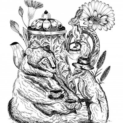 Desenho a preto e branco de urso, raposo e coelho com chávenas de chá e flores