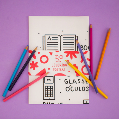 Poster para colorir com lápis de cor sobre fundo roxo