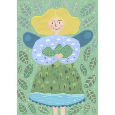 Ilustração de mulher com vestido verde e cabelo amarelo segurando peixes verdes em fundo com folhas