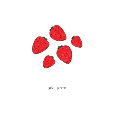 Desenho de cinco morangos com texto 'fields forever' em fundo branco