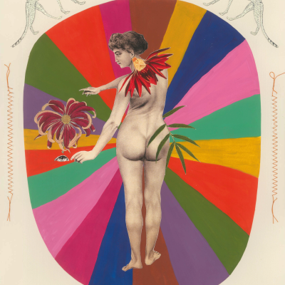 Colagem artística de mulher nua com círculo colorido e elementos naturais