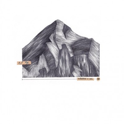 Desenho a preto e branco de montanha com anotações manuscritas