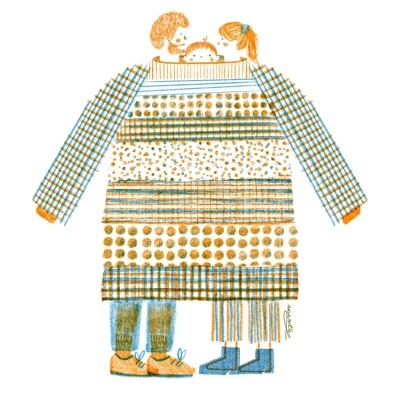 Ilustração de três pessoas em casaco grande com padrões xadrez e bolas