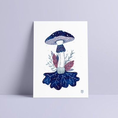Cartaz de cogumelo azul com folhas lilás sobre fundo lilás