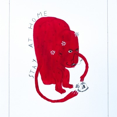Desenho de macaco vermelho com flores e texto 'STAY AT HOME'