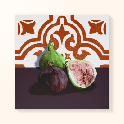 Pintura digital de três figos com padrão ornamental ao fundo