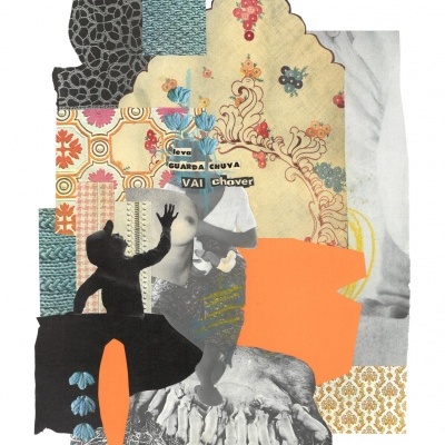 Colagem com tecidos, padrões florais, fotografias em preto e branco e texto destacado