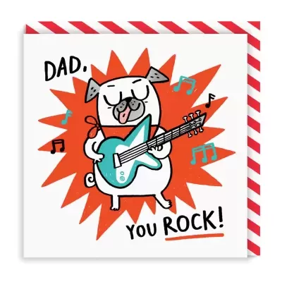Cartão com desenho de cão a tocar guitarra e texto 'DAD, YOU ROCK!'