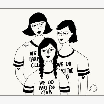 Desenho de três pessoas com t-shirts com texto e tatuagens de coração