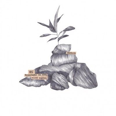 Desenho preto e branco de pedras e planta com textos recortados em português