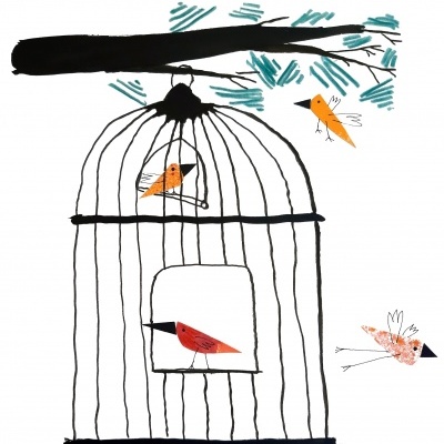 Ilustração de gaiola preta com pássaros laranja e vermelho num ramo de árvore com fundo branco