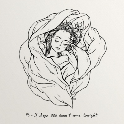 Desenho a preto e branco de figura feminina enrolada em tecido com texto manuscrito