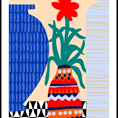 Ilustração de três vasos coloridos com padrões geométricos e flor vermelha