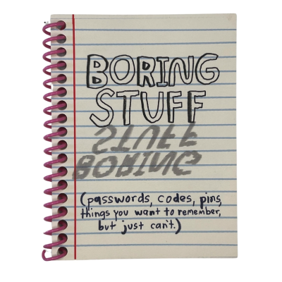 Caderno espiral com capa branca e texto manuscrito BORING STUFF