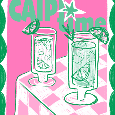 cartaz com ilustração de duas caipirinhas e texto em rosa, verde e branco