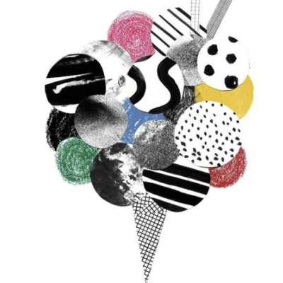 Ilustração artística de um gelado com bolas coloridas e padrões variados