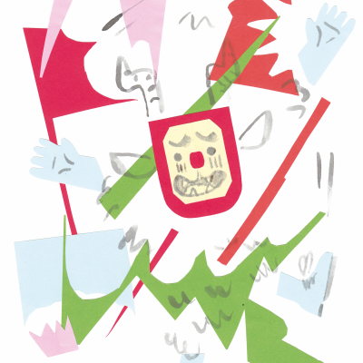 Colagem colorida abstrata de papel representando figura humana estilizada