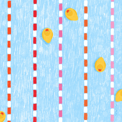 Pano azul claro com linhas verticais coloridas e patinhos amarelos