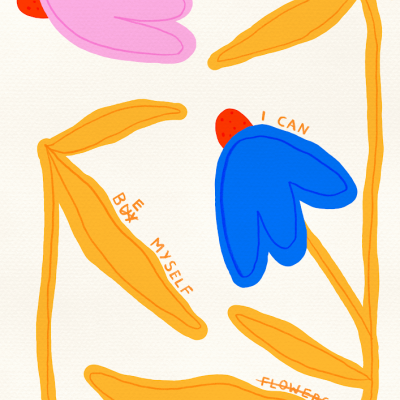 Ilustração de duas flores estilizadas rosa e azul com texto em laranja sobre fundo claro