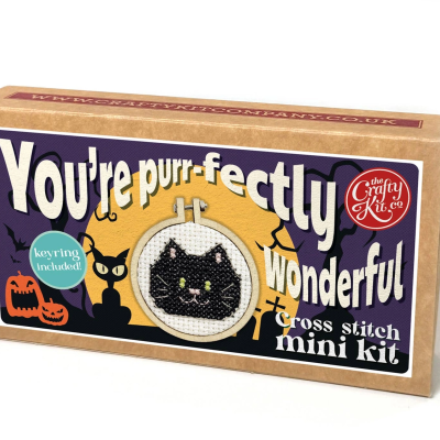 Kit mini de ponto cruz com gato preto em bastidor dentro de caixa de cartão