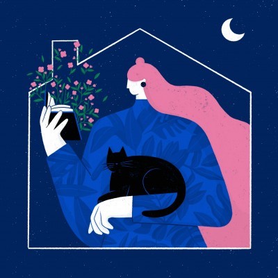 Pessoa com cabelo rosa segurando livro e gato preto dentro de contorno de casa à noite