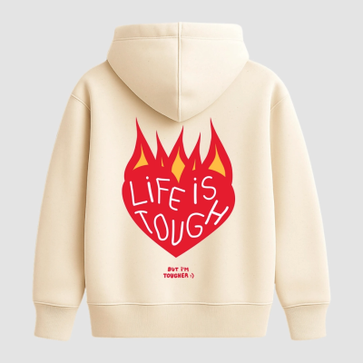 Sweatshirt bege com capuz e estampa de coração em chamas com texto nas costas