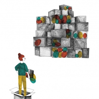 Desenho de pessoa dentro de caixa de cartão olhando para pilha de caixas coloridas.