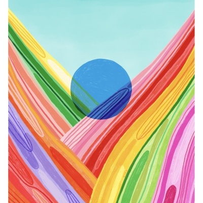 Ilustração abstrata com faixas coloridas e círculo azul