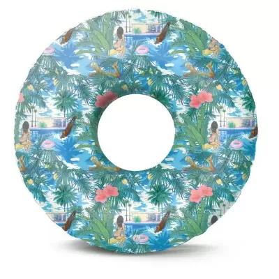 Boia insuflável redonda com padrão colorido de folhas, flores, tigres e figura feminina