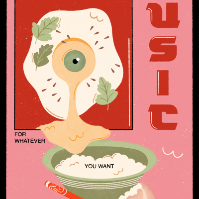 Ilustração colorida de ovo estrelado com olho, tigela de arroz, pauzinhos e texto