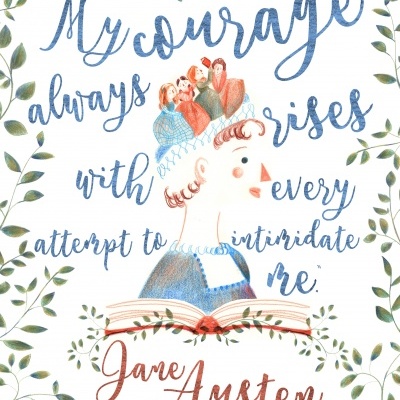 Ilustração com citação de Jane Austen em letra artística e desenho de personagem com livro e folhas verdes ao redor