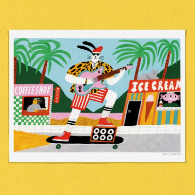Ilustração de coelho tocando guitarra num cenário com loja COFFEE SHOP e ICE CREAM