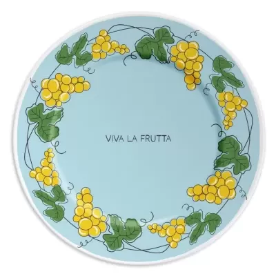Prato cerâmico azul com decoração de uvas amarelas e texto 'VIVA LA FRUTTA'