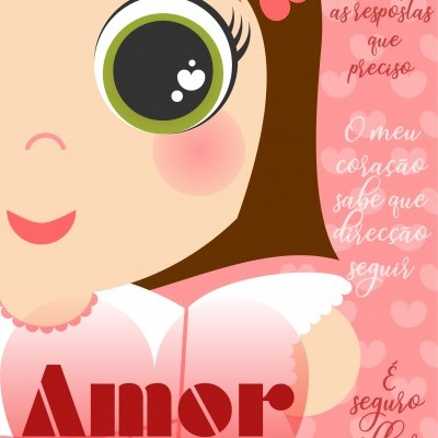 Ilustração de personagem feminina segurando coração vermelho com texto 'Amor' e frases em português ao fundo rosa