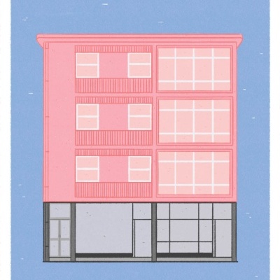 Ilustração de edifício cor de rosa com piso inferior cinza e fundo azul