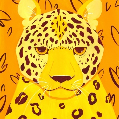 Ilustração artística de um leopardo amarelo com manchas pretas sobre fundo laranja