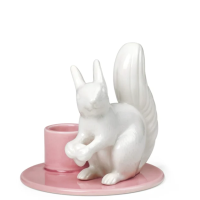 suporte de vela cerâmica com esquilo branco e base rosa