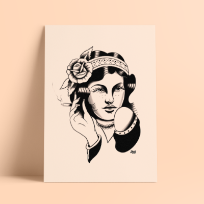 Cartaz com ilustração de mulher segurando espelho e cigarro