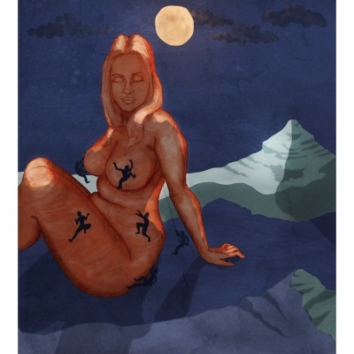 Ilustração digital de uma figura feminina nua sentada com pequenos bonecos a escalar, noite com lua e montanhas.