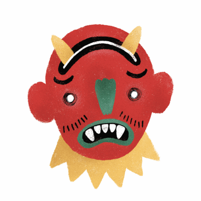 Ilustração de máscara vermelha com chifres e colar amarelo