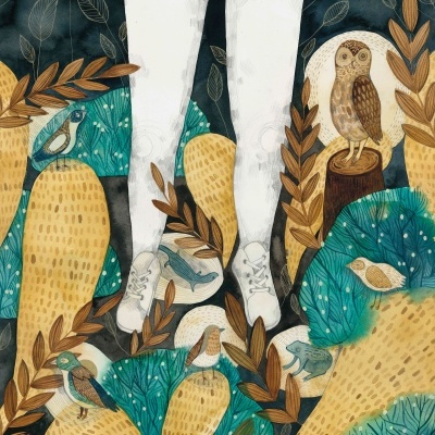 Ilustração de pernas femininas com meias e sapatos brancos, saia amarela com manchas castanhas, rodeadas por plantas e aves artísticas.