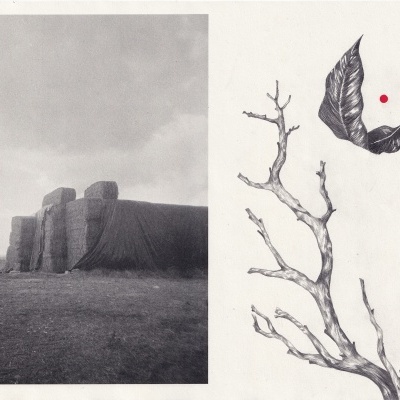 Impressão artística com fotografia de fardos e desenho de rama seca e folhas com ponto vermelho