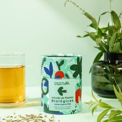 Embalagem de infusão biológica com chá e planta numa superfície verde