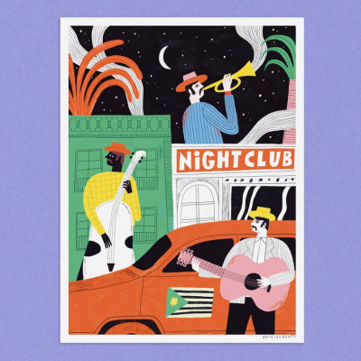 Ilustração colorida de músicos e club nocturno com carro e bandeira