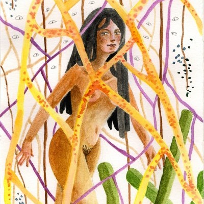 Ilustração a cores de mulher nua em meio a linhas onduladas e formas abstratas.