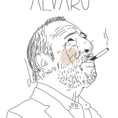 Desenho a preto e branco de um homem a fumar com o texto 'ÁLVARO' acima.