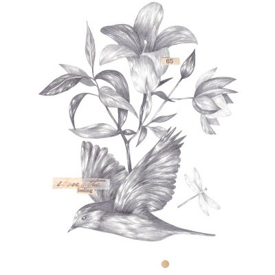 Desenho a lápis de um pássaro, flores, folhas e libélula com texto '65' e 'live the feeling'