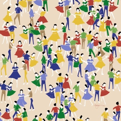 Padrão com casais a dançar em roupas coloridas sobre fundo bege